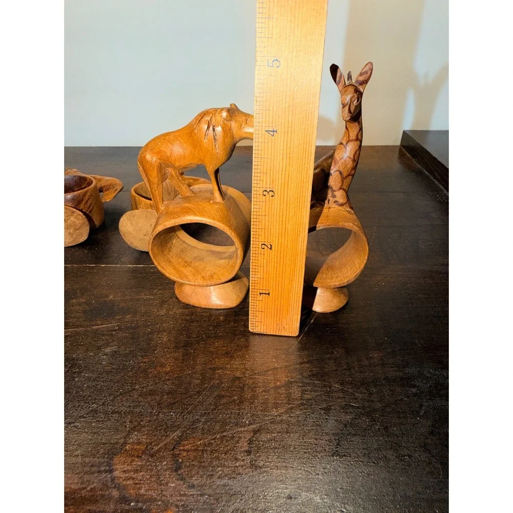 6 Hand Carved Wooden Africa Kenya Safari Animal Napkin‎ Rings
